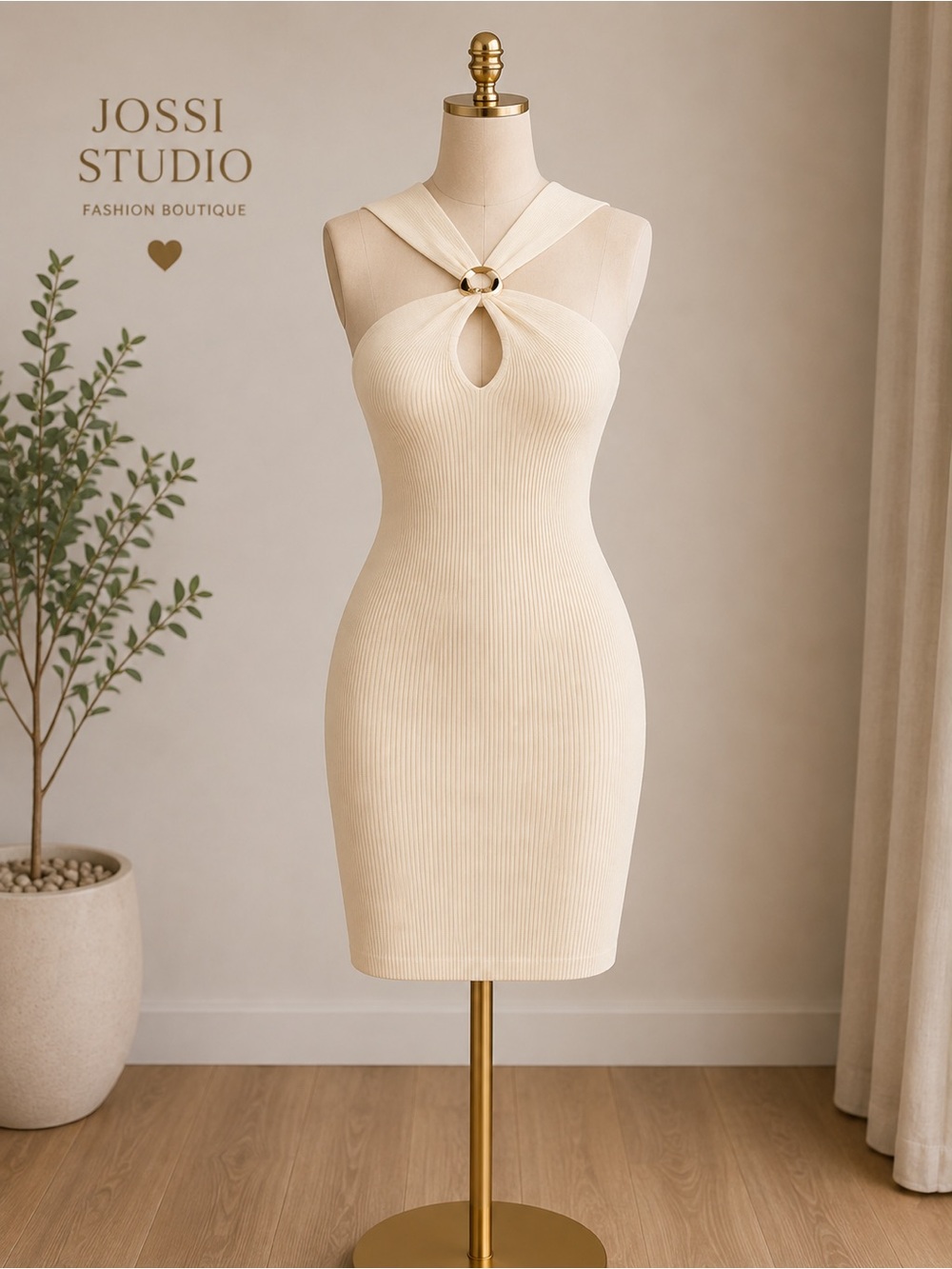 Elegant Cream Halter Ring-Detail Mini Dress